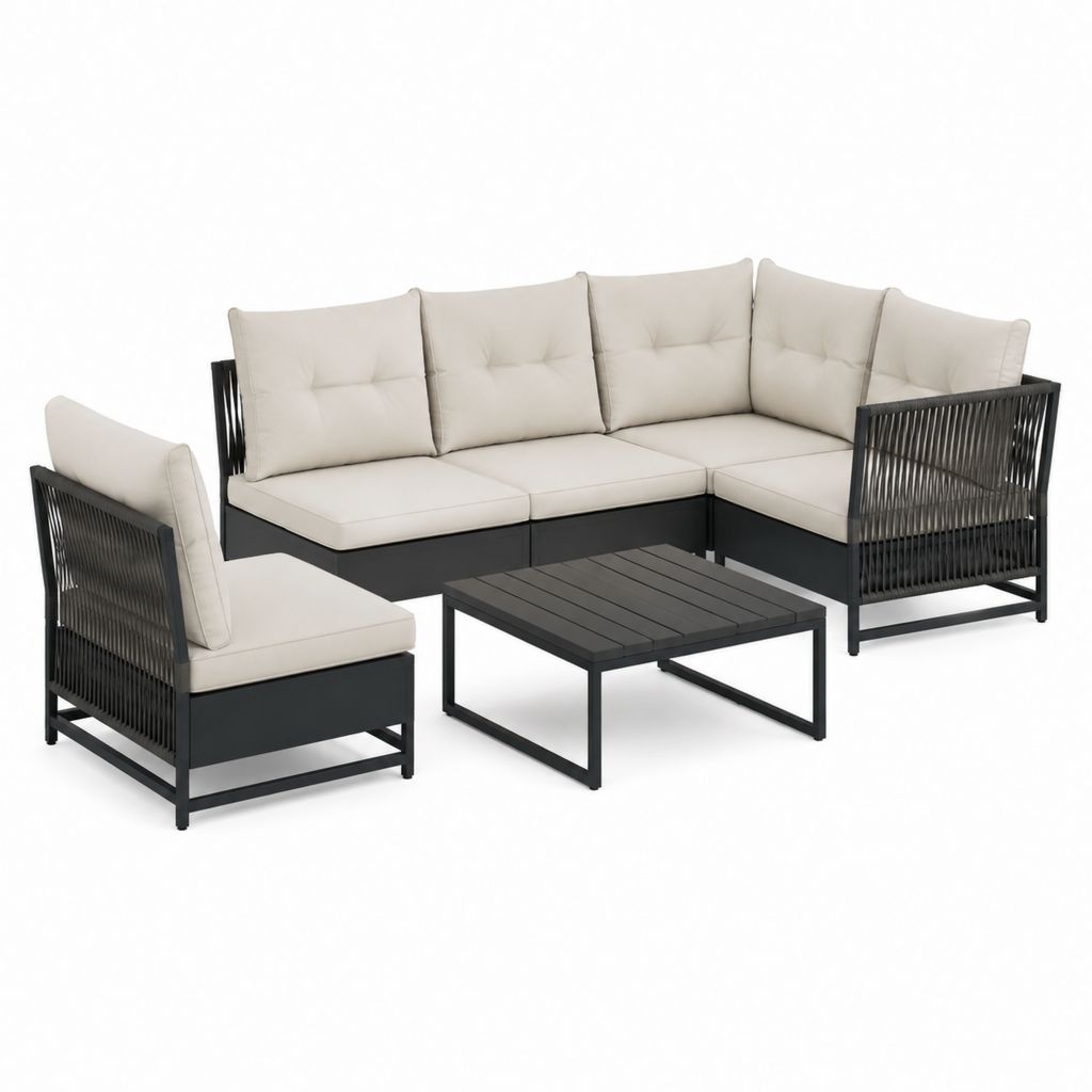 Salon de jardin d’angle 4 pièces noir et beige en aluminium avec coussins 200 x 200 cm
