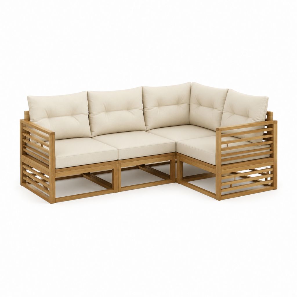 Canapé de jardin d'angle 3 places beige en acacia massif 196 x 196 x 65 cm