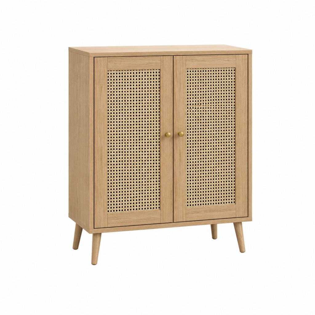 Buffet 2 portes rectangulaire chêne et cannage en rotin 80 x 40 x 110 cm