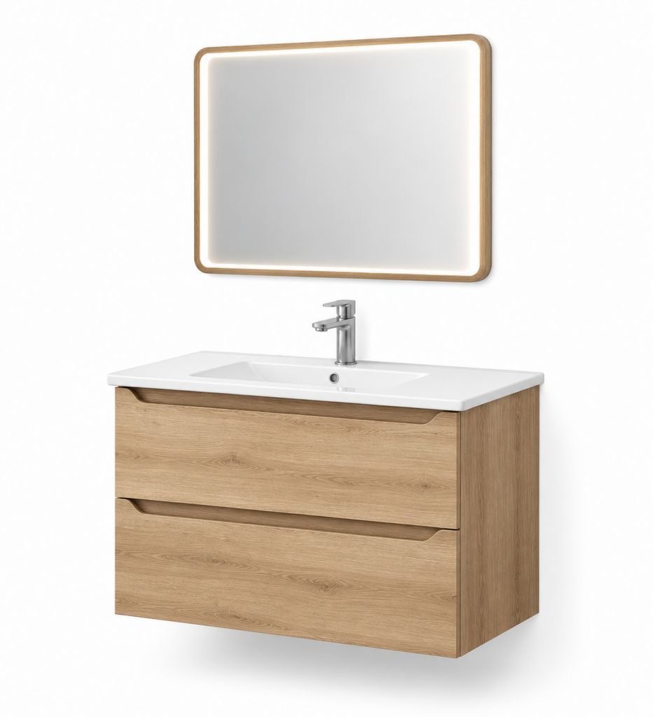 Ensemble meuble sous vasque suspendu rectangulaire en panneaux de particules décor chêne clair 80 x 46 x 50 cm avec vasque blanche et miroir LED