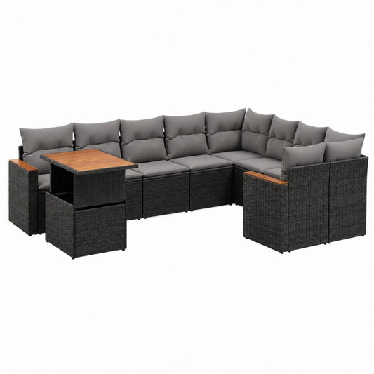 Salon de jardin d'angle 9 pièces noir gris en résine tressée PE avec table en acacia 280 x 210 x 65 cm