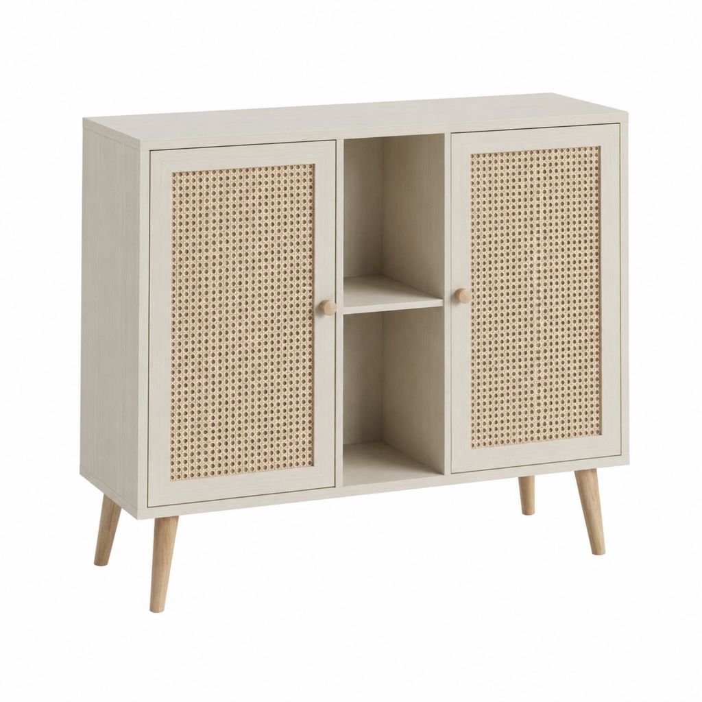 Buffet 2 portes beige en panneaux de particules et cannage de rotin 100 x 40 x 100 cm