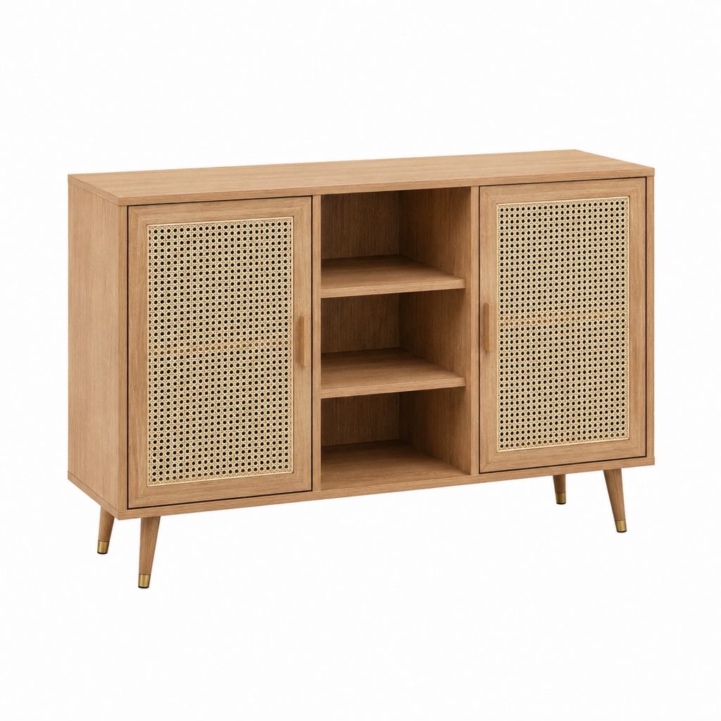 Buffet 2 portes en panneaux MDF plaqués chêne naturel avec cannage en rotin 120 x 40 x 80 cm