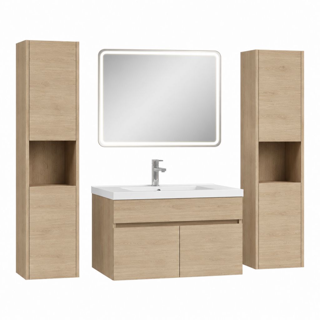 Ensemble meuble sous vasque suspendu chêne clair avec lavabo en céramique 80 x 46 x 54 cm et colonnes de rangement