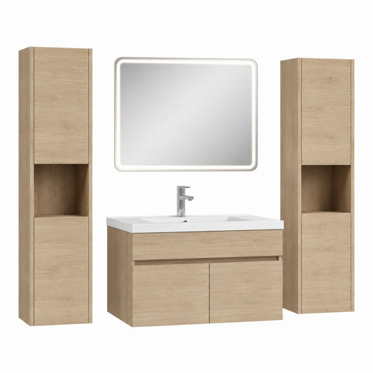 Ensemble meuble sous vasque suspendu chêne clair avec lavabo en céramique 80 x 46 x 54 cm et colonnes de rangement