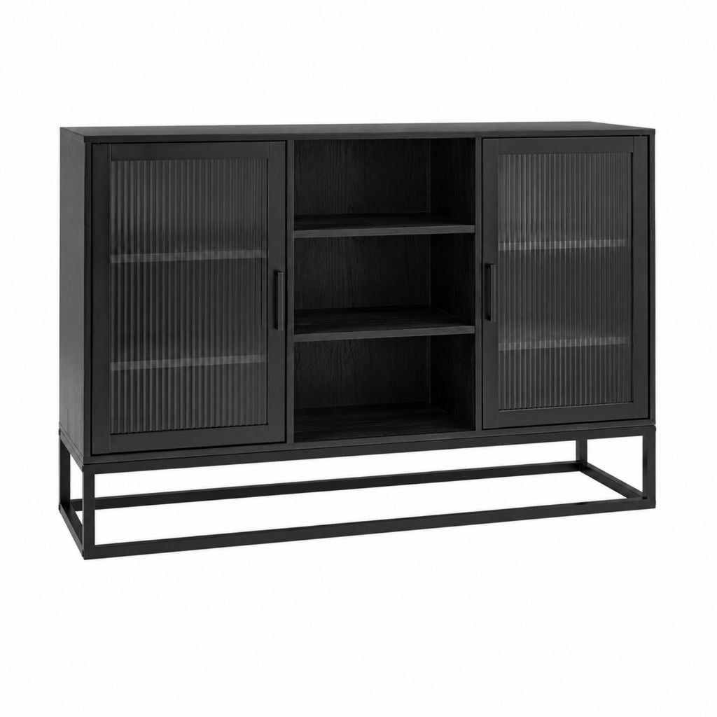 Buffet de salle à manger noir en MDF plaqué chêne et verre strié rectangulaire 120 x 40 x 90 cm