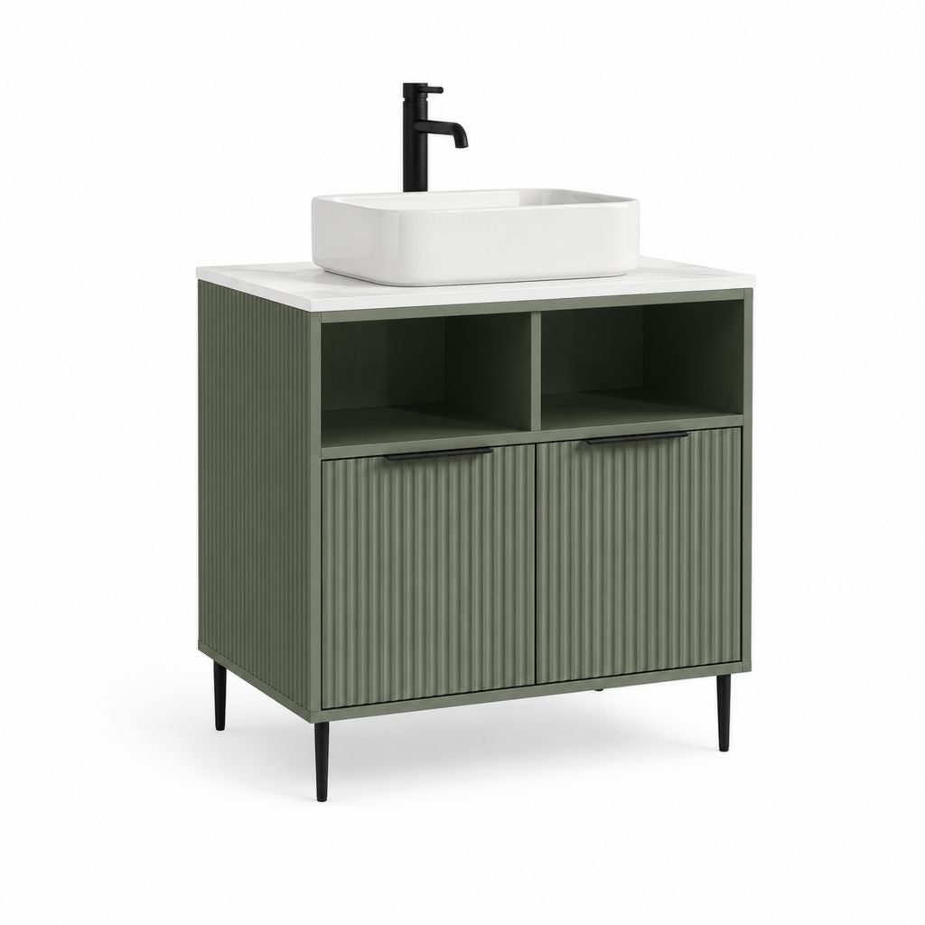 Meuble sous vasque sur pieds vert olive en MDF avec vasque rectangulaire en céramique 80 x 46 x 85 cm