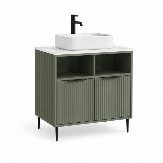 Meuble sous vasque sur pieds vert olive en MDF avec vasque rectangulaire en céramique 80 x 46 x 85 cm