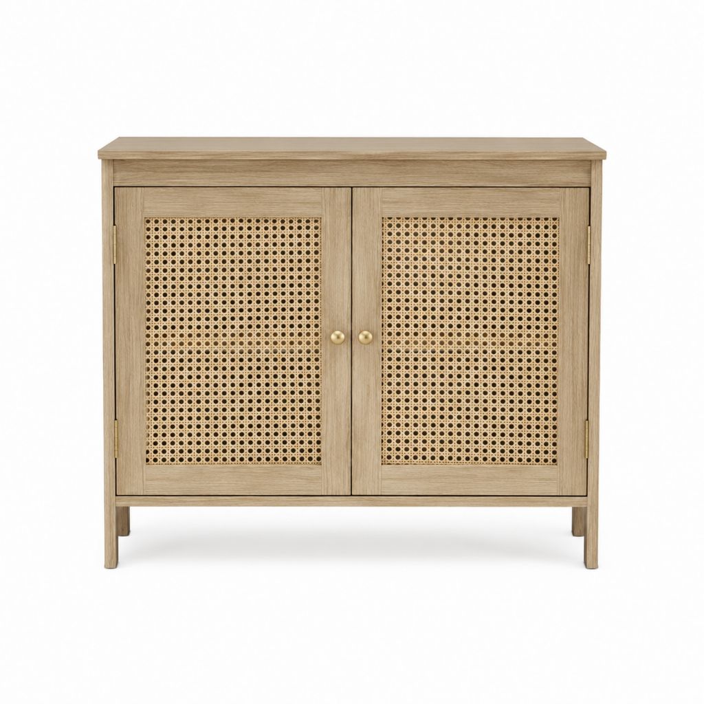Meuble sous vasque 2 portes chêne clair et cannage en rotin 80 x 40 x 80 cm