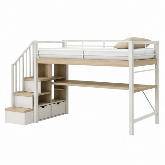 Lit mezzanine enfant 90 x 200 cm blanc et chêne clair en pin massif avec escalier rangement