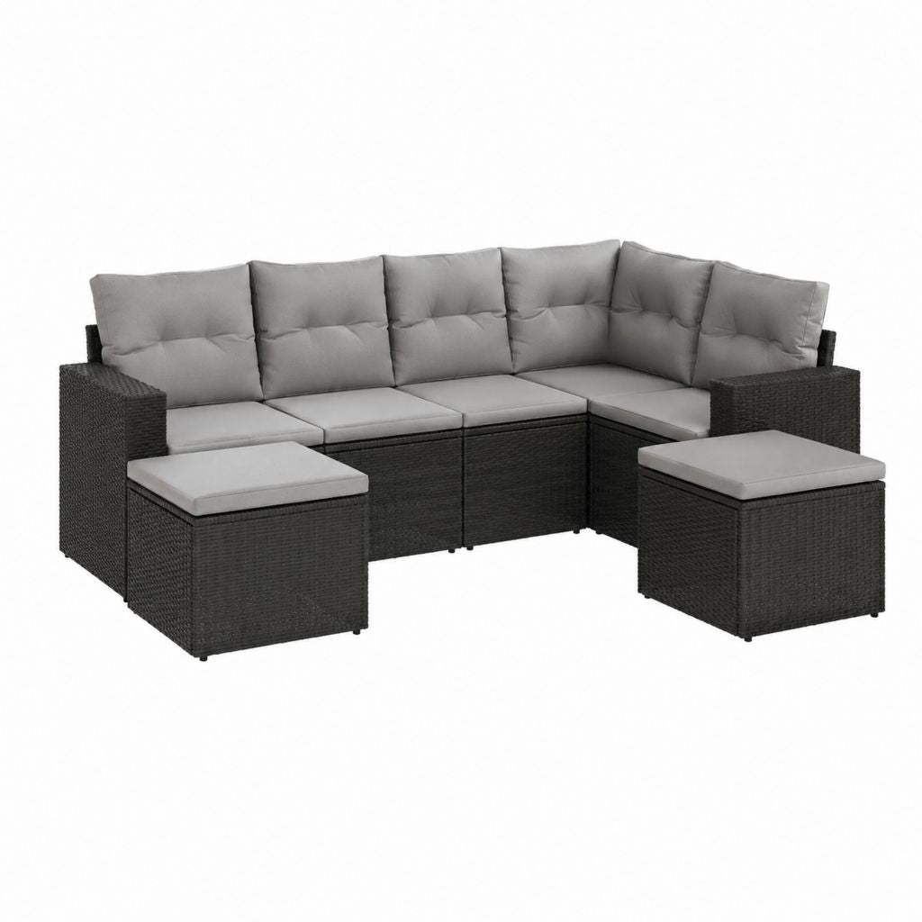 Salon de jardin d’angle 6 pièces noir et gris en résine tressée PE avec coussins 210 x 140 x 65 cm