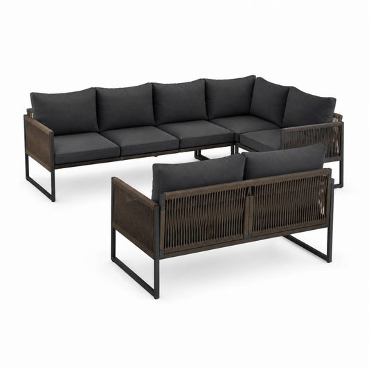 Salon de jardin d’angle 6 places noir et marron en acier et corde PE 250 x 180 x 75 cm