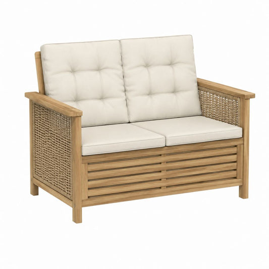 Canapé de jardin 2 places beige en acacia massif et corde tressée 126 x 75 x 80 cm