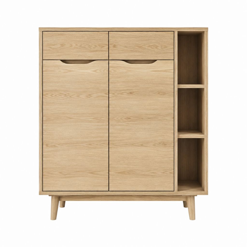 Buffet haut 2 portes 2 tiroirs et 3 étagères chêne clair MDF plaqué chêne rectangulaire 100 x 40 x 140 cm