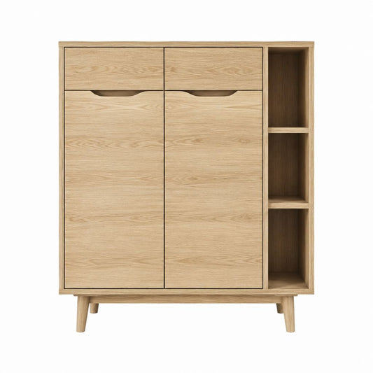 Buffet haut 2 portes 2 tiroirs et 3 étagères chêne clair MDF plaqué chêne rectangulaire 100 x 40 x 140 cm